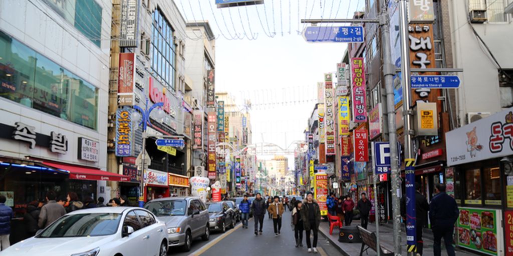 shopping district in Busan with diverse crowd