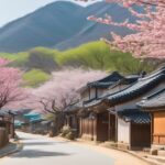 traditional Korean village with cherry blossoms