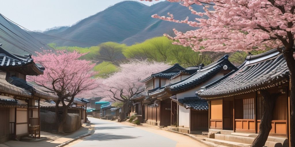 traditional Korean village with cherry blossoms