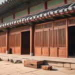 traditional Korean architecture with traveler writing in diary