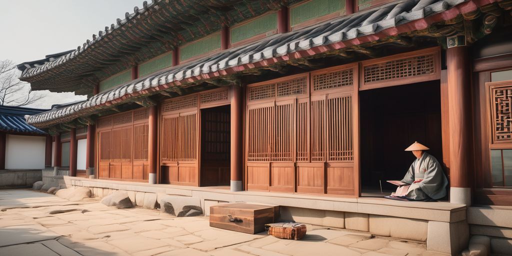 traditional Korean architecture with traveler writing in diary